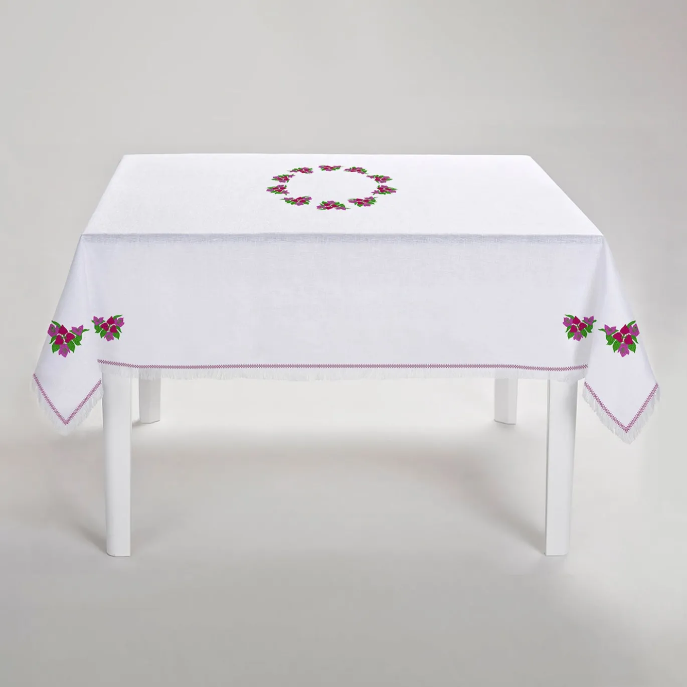 Tovaglia in lino bianco e rosa Bouganville