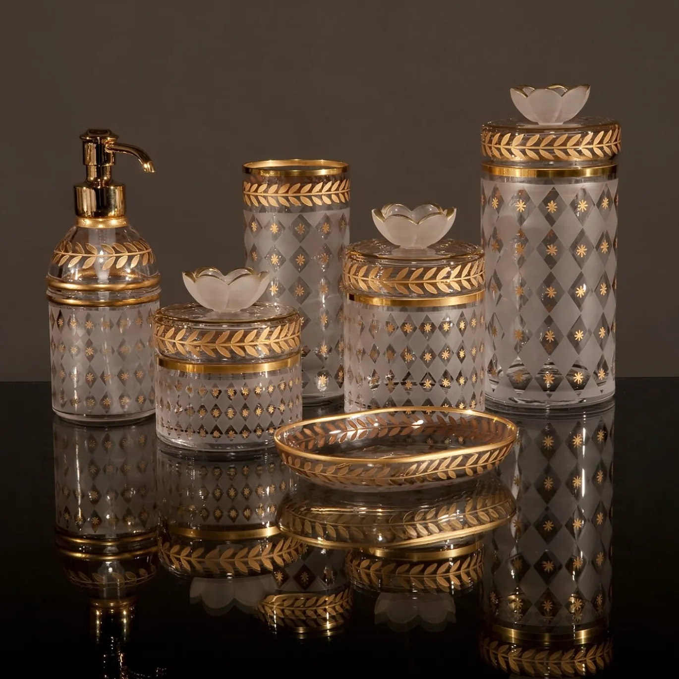 Vaso alto in vetro con motivo alloro oro
