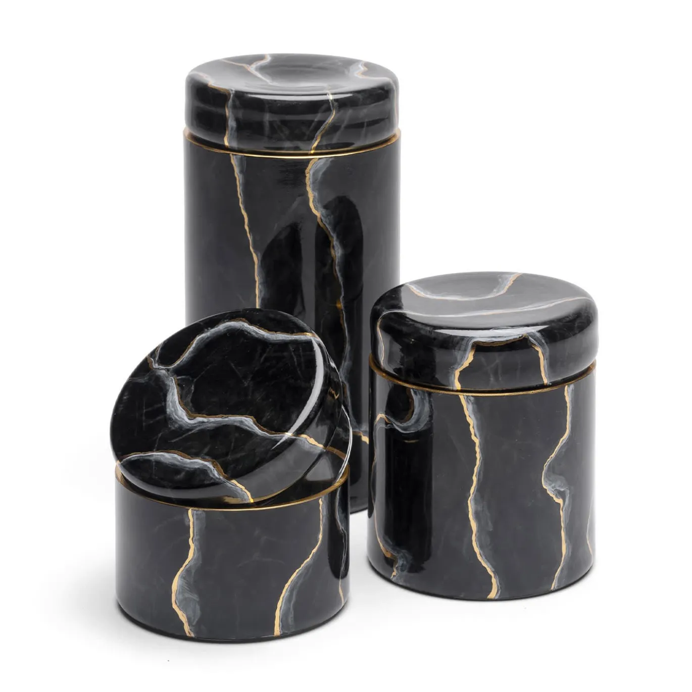 Vaso di vetro basso nero ispirato al marmo di Portoro con coperchio
