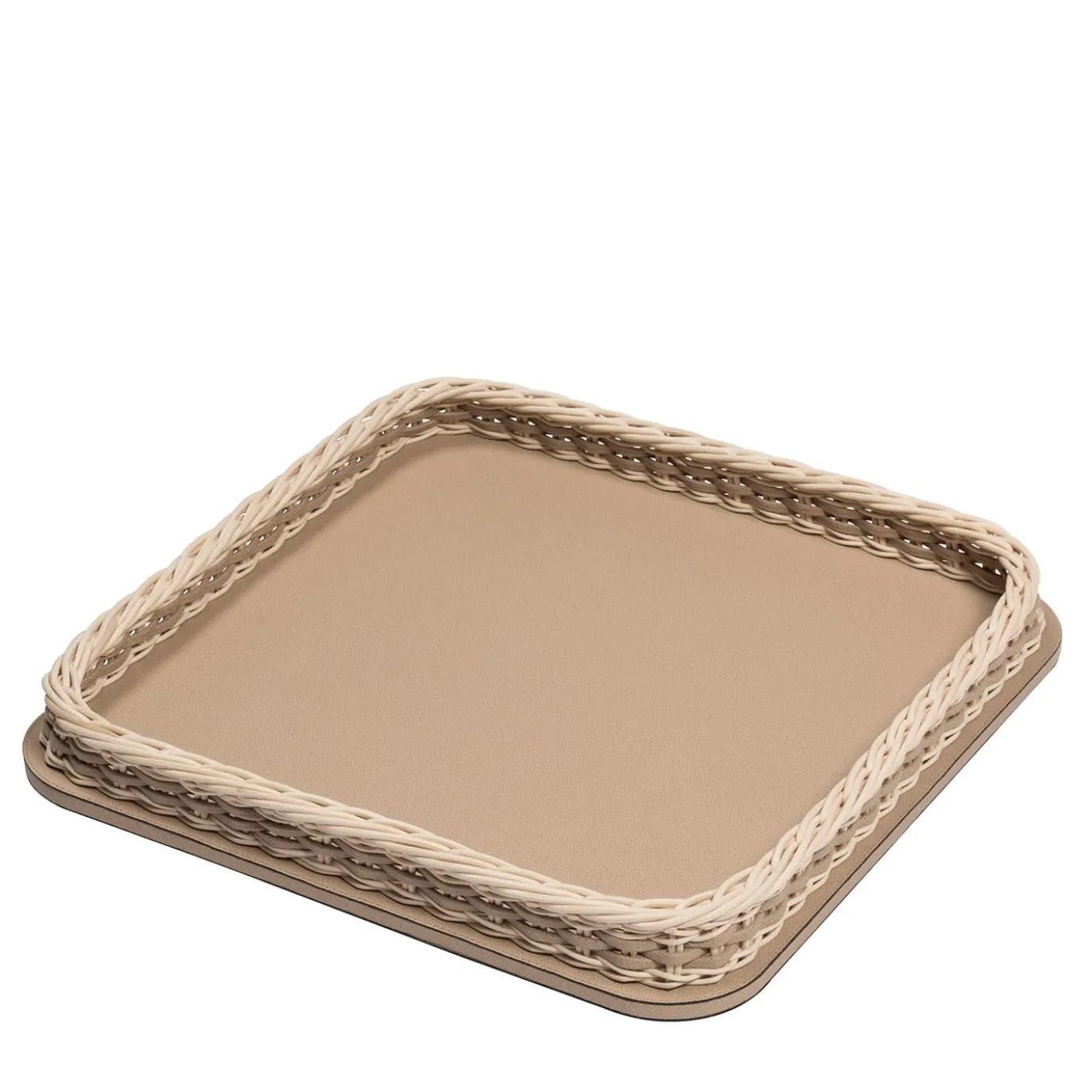 Vassoio quadrato Orsay Beige in pelle e rattan