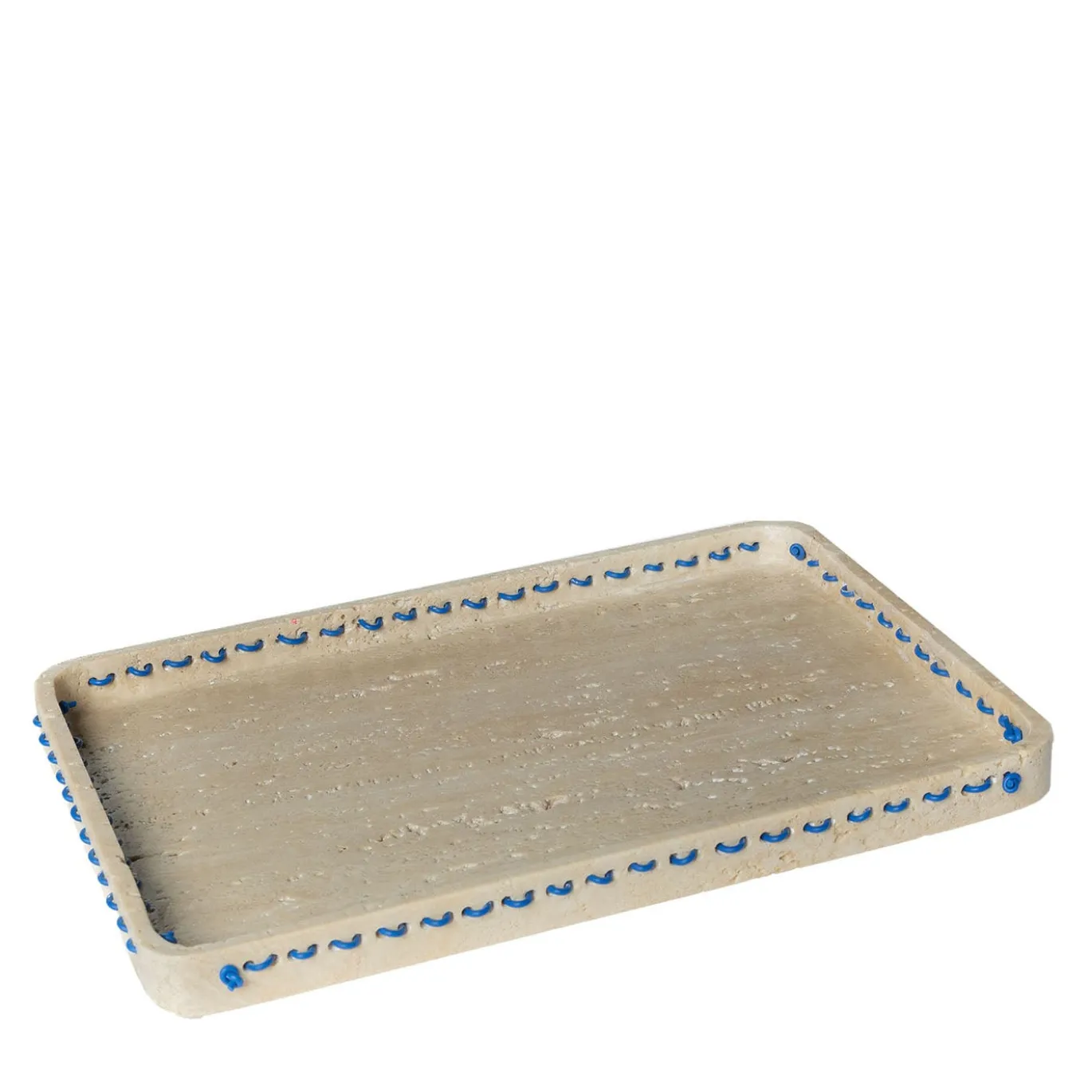 Vassoio rettangolare Lulù in travertino con inserti in filo PVC Blu