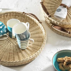 Vassoio Rotondo Peonia Grande con Manici in Pelle Beige