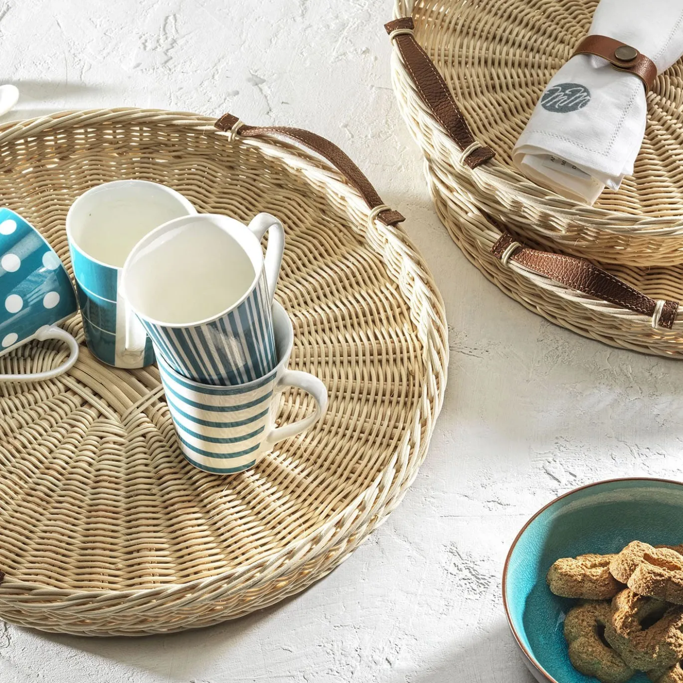 Vassoio Rotondo Peonia Grande con Manici in Pelle Beige