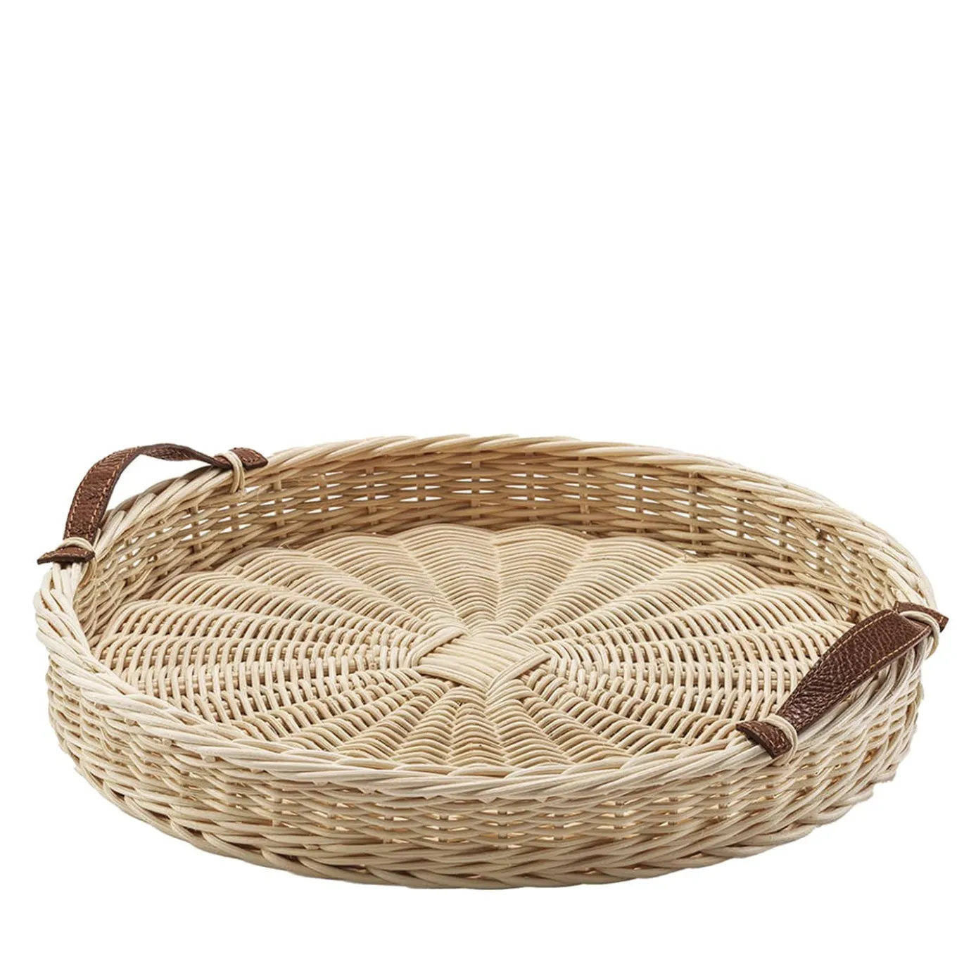 Vassoio Rotondo Peonia Grande con Manici in Pelle Beige