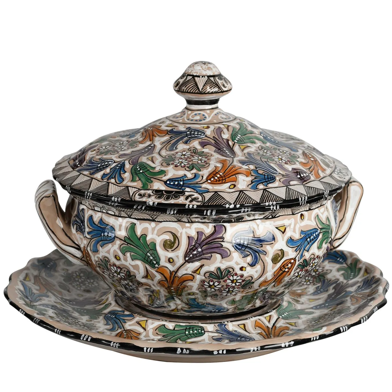 Zuppiera in ceramica policroma con piatto